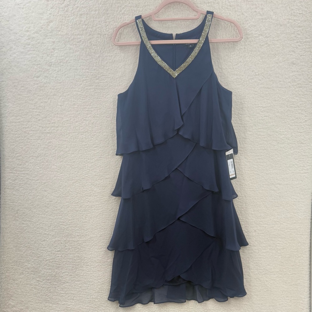 SLNY Fashions Missy Navy Embellished V neck Tiered Dress Size 12 NWT